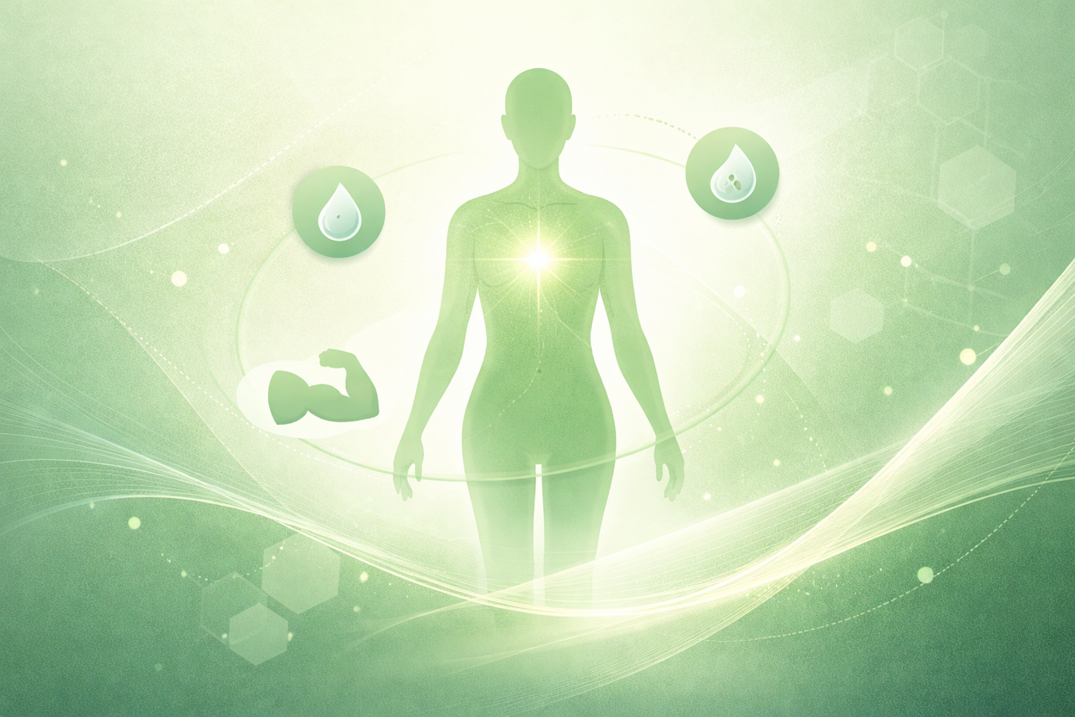 Illustration of a human body outline with hydration and muscle icons