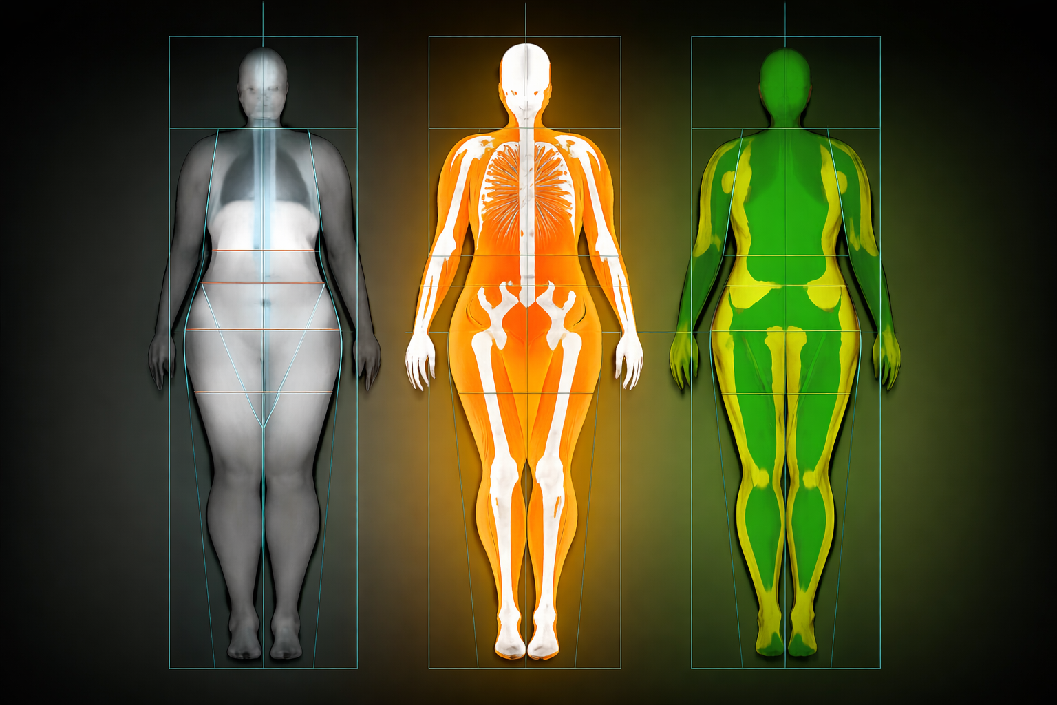 Body scan illustrations showing fat, muscle and water distribution