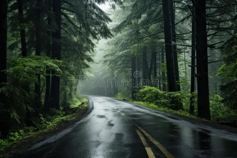 A wet, winding forest road surrounded by tall green trees on a foggy day.