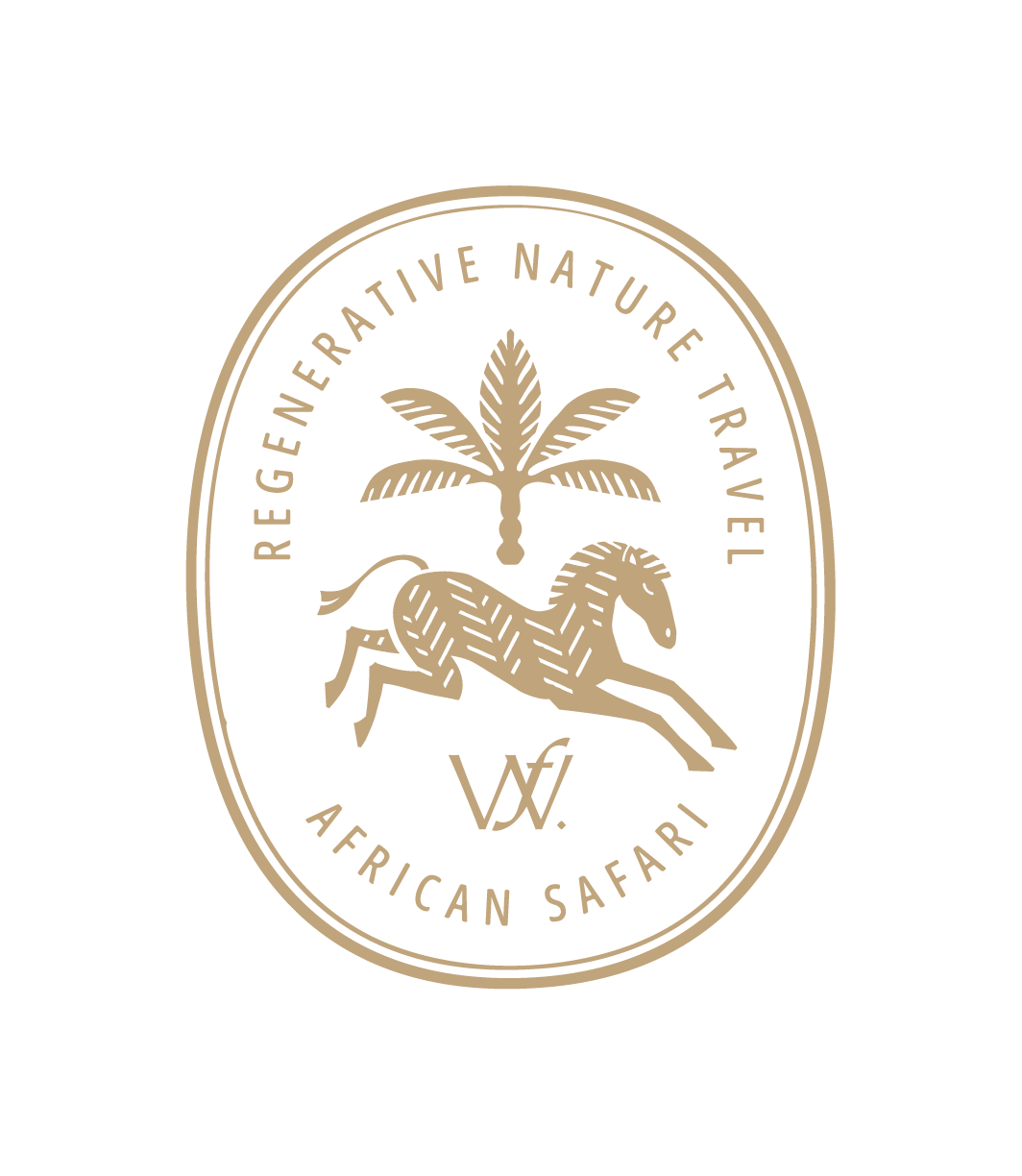 An emblem with a horse, a tree, and a stylized 'w' and 'f' underneath, enclosed by the text 'Regenerative Nature Travel' at the top and 'African Safari' at the bottom, all in a minimalist, tan design on a black background.