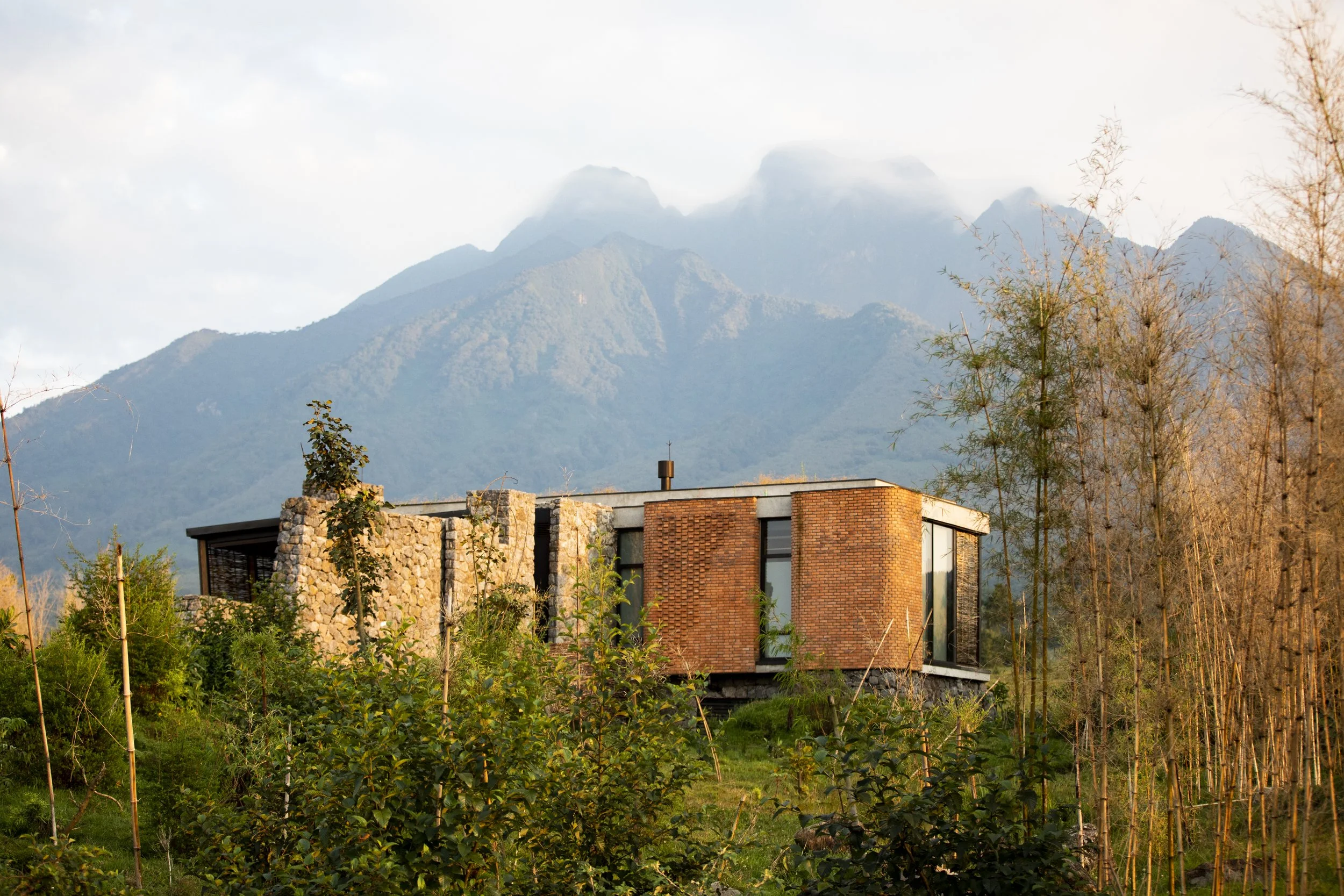 Modern house with brick and stone exterior surrounded by trees with mountain in the background.