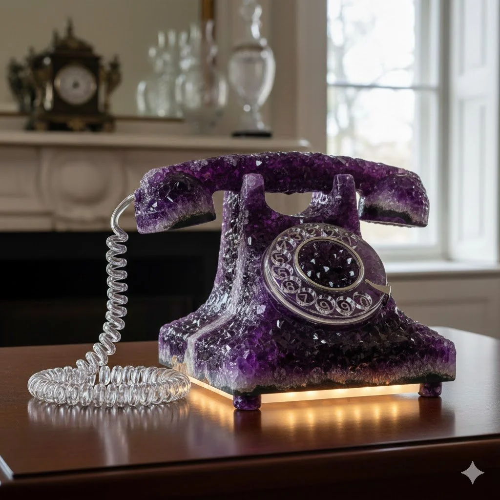 A vintage rotary phone made of purple amethyst crystal, sitting on a wooden table with a lighted base, with an antique clock and glassware in the background.
