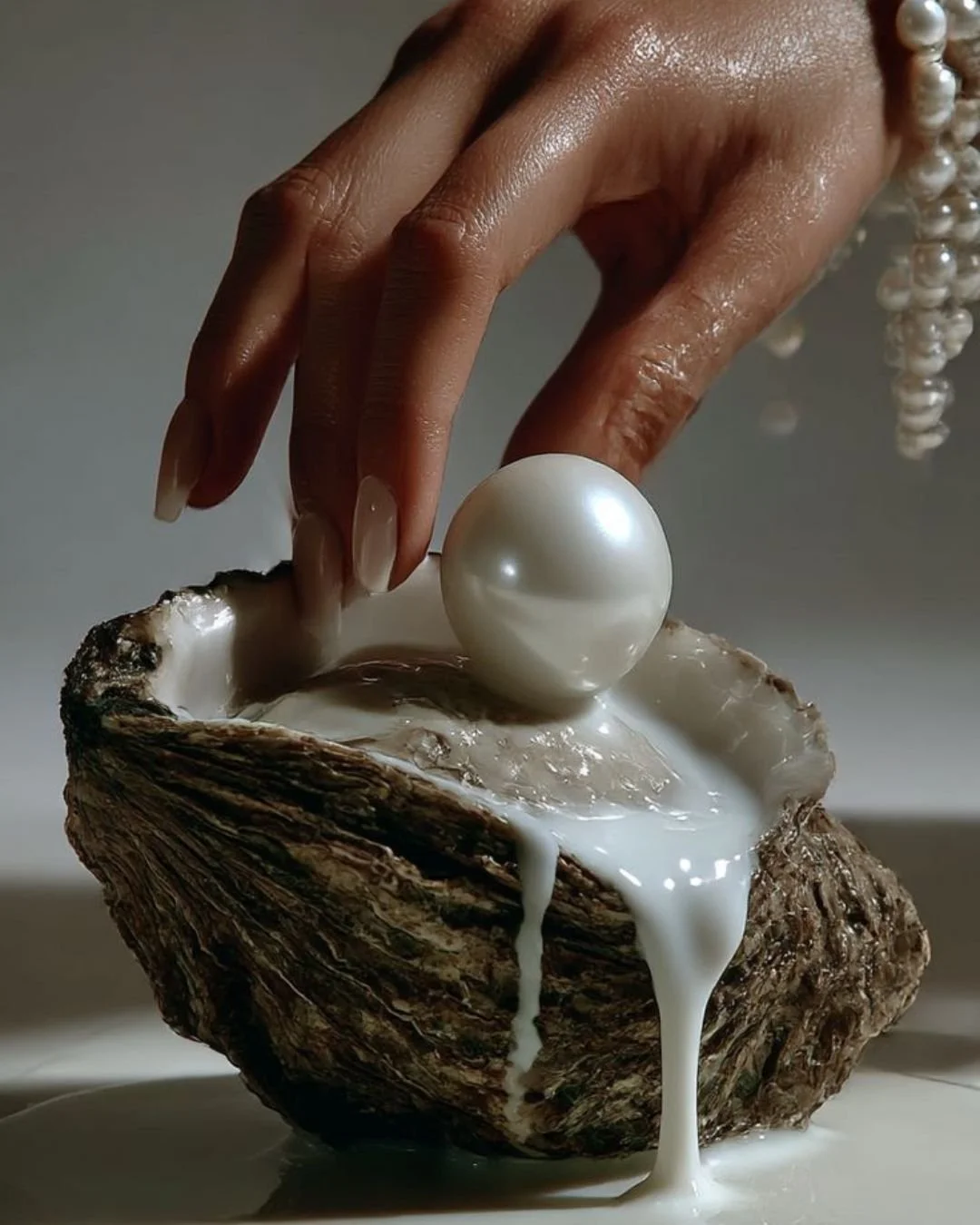 Hand trägt eine große weiße Perle über einer Muschelschale, aus der eine weiße Flüssigkeit fließt, mit Perlenkette im Hintergrund.