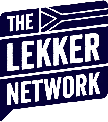A sign with the text 'The Lekker Network' in bold black letters on a dark background.