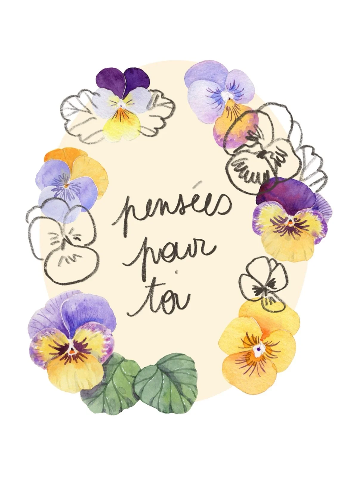 Une petite composition n&eacute;e aujourd&rsquo;hui avec quelques autres, &ccedil;a ferait une jolie carte non? Des pens&eacute;es &agrave; l&rsquo;aquarelle peintes il y a un moment  d&eacute;j&agrave; et un sketch rapide sur procreate, c&rsquo;est 