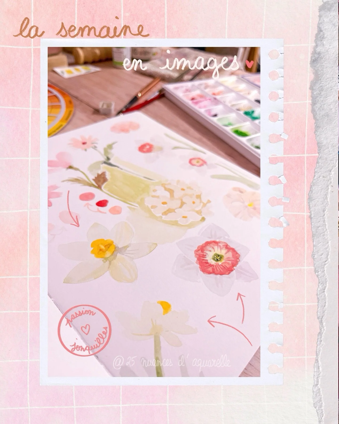 Des fleurs blanches &agrave; l&rsquo;aquarelle, d&rsquo;autres plus color&eacute;es, des papiers* @cansonpaper vraiment agr&eacute;ables car il contiennent du coton 👍, un nouveau site web qui avance doucement mais s&ucirc;rement, les rhumes qui revi