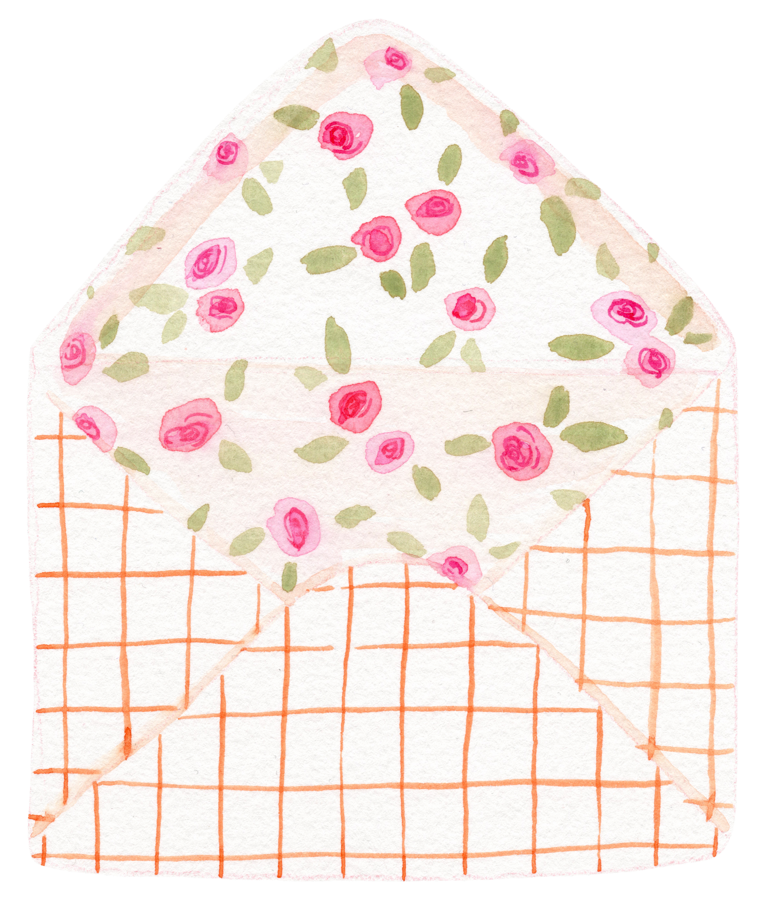 Une enveloppe en papier avec un motif floral rose et vert à l'intérieur, et un motif à carreaux orange à l'extérieur.
