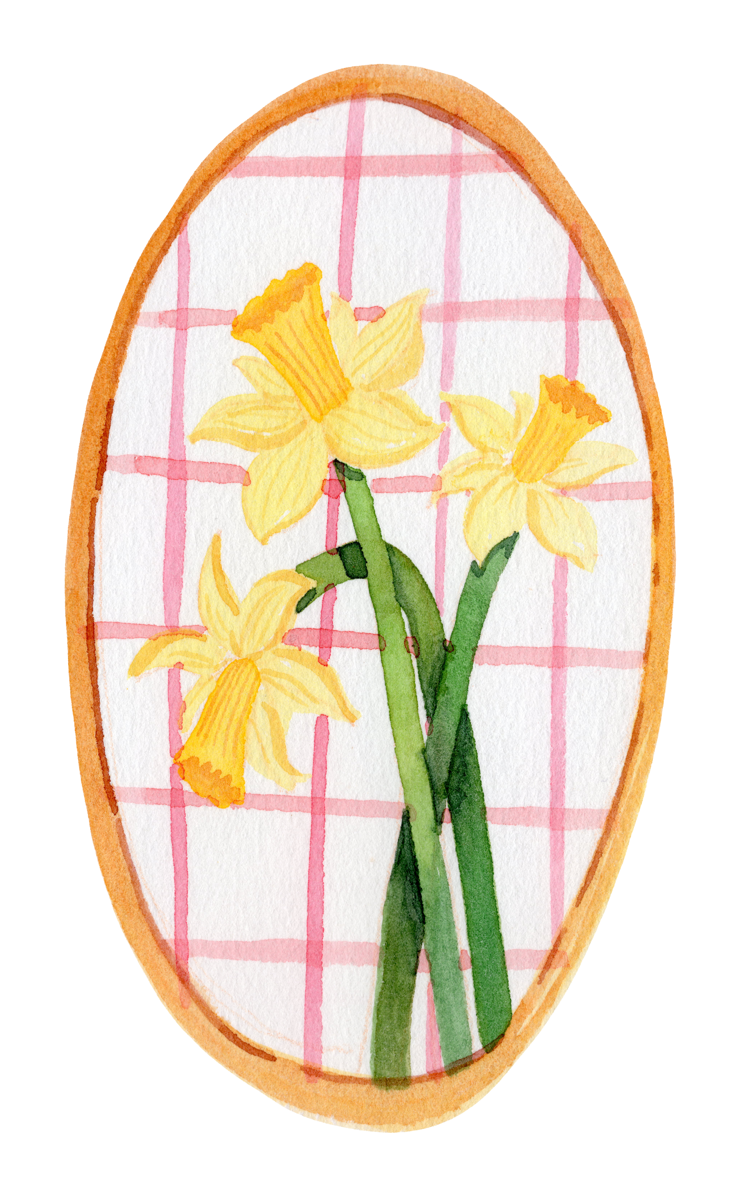 Une illustration de trois jonquilles jaunes, sur un fond à carreaux roses et blancs.