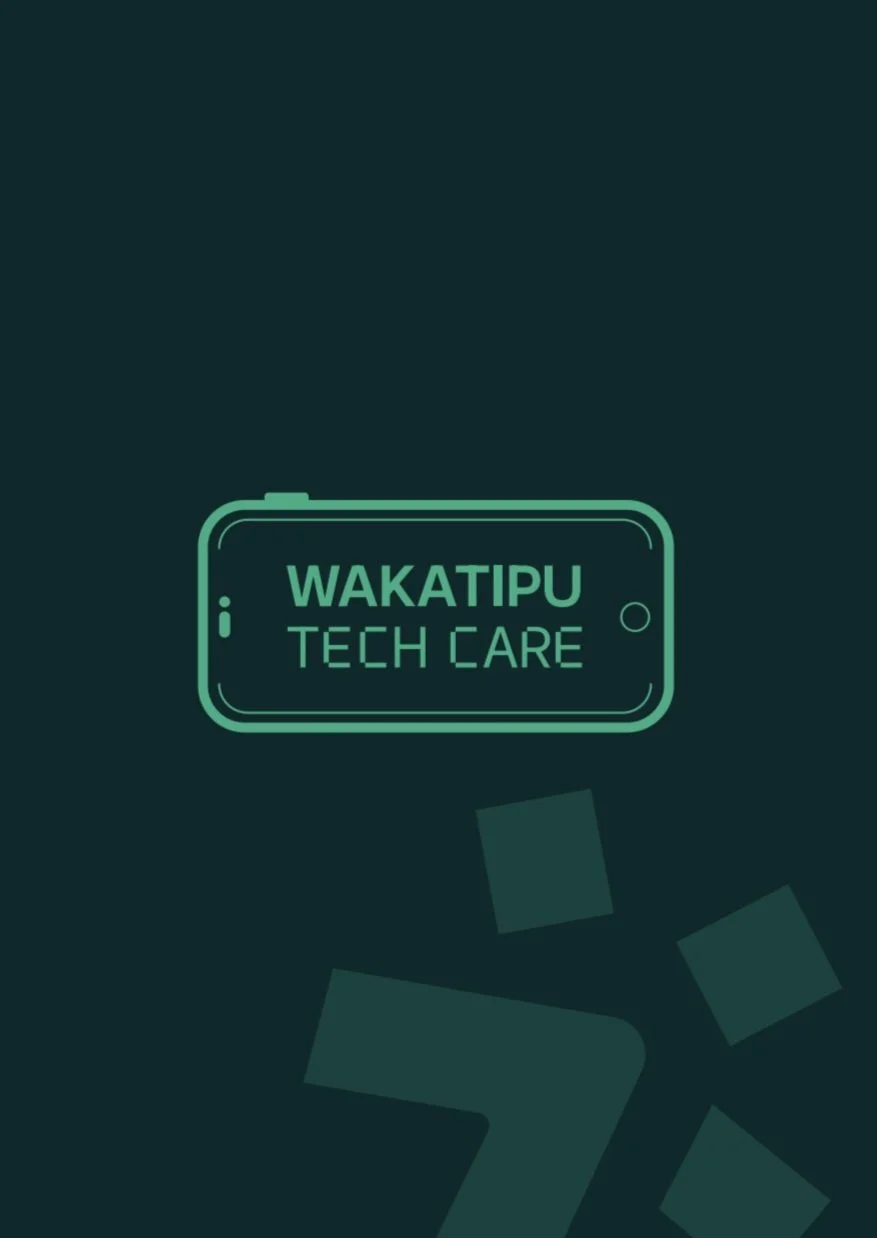Digital illustration of a smartphone with the text 'Wakatipu Tech Care' in neon green, set against a dark background with abstract geometric shapes.