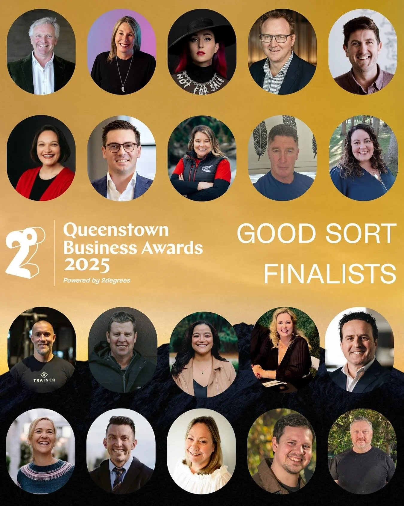 Collage of headshots of diverse finalists for the Queenstown Business Awards 2025, with text indicating 'GOOD SORT FINALISTS' and event details.