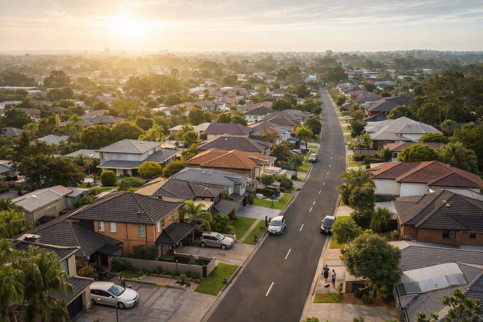 Aerial view of a suburban neighborhood during sunset, showing rows of houses with well-maintained lawns and trees along a quiet street with parked cars and two pedestrians walking with a dog.