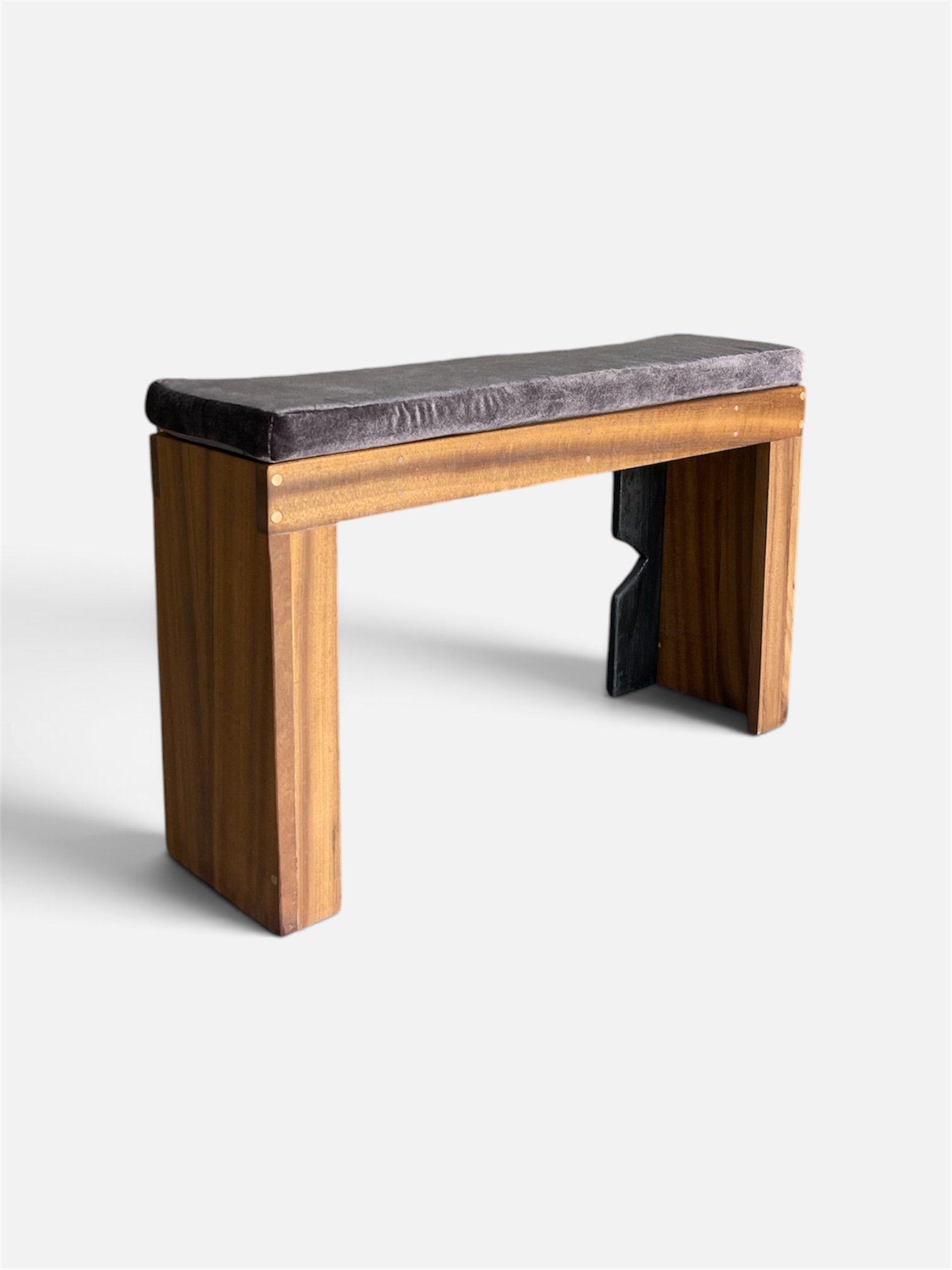 Handmade hardwood bench for sale with custom brown velvet cushion