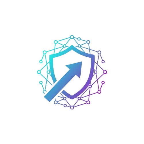 A digital graphic of a shield with an upward arrow, surrounded by interconnected nodes and lines, representing cybersecurity or data protection.