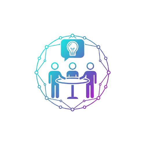 Illustration of three people seated around a round table with a lightbulb icon above them, symbolizing teamwork and ideas.