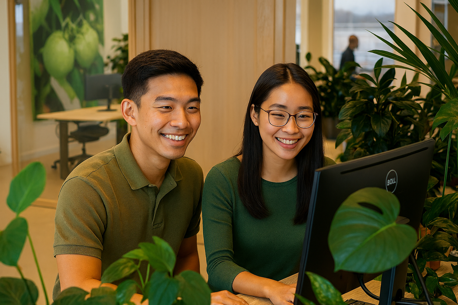 Smiling Asian man and woman looking at a computer monitor in an office surrounded by green plants.