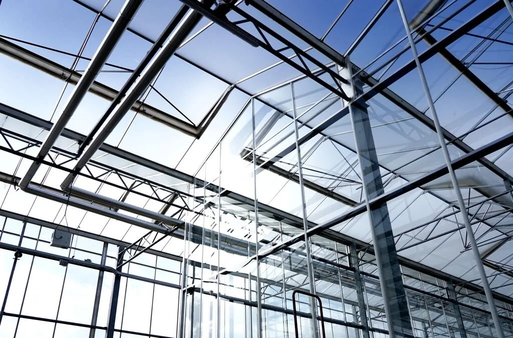 Looking up at a glass atrium roof structure with metal beams and supports, allowing natural light to enter.