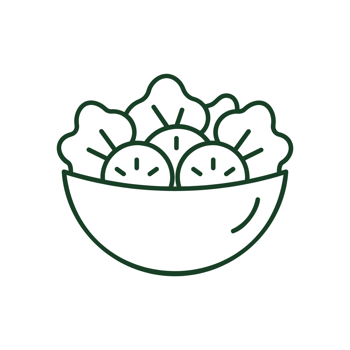 Outline drawing of a bowl filled with salad, including leafy greens and sliced vegetables.