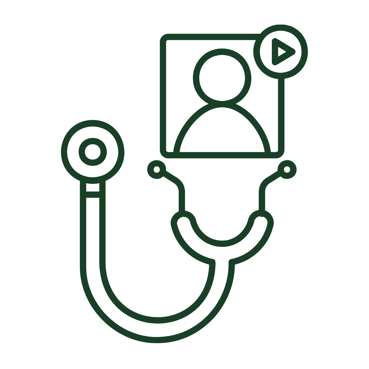 Outline drawing of a stethoscope with a digital screen displaying a person icon and a play button, symbolizing virtual healthcare or telemedicine.
