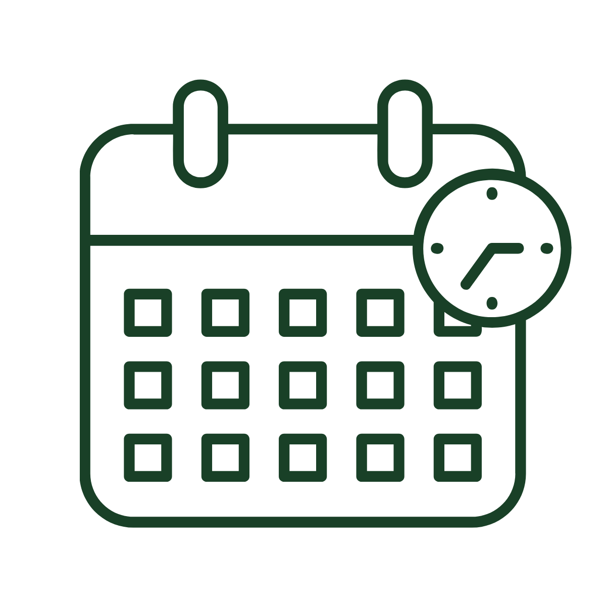 Calendar icon with a clock, symbolizing scheduling or appointment management.