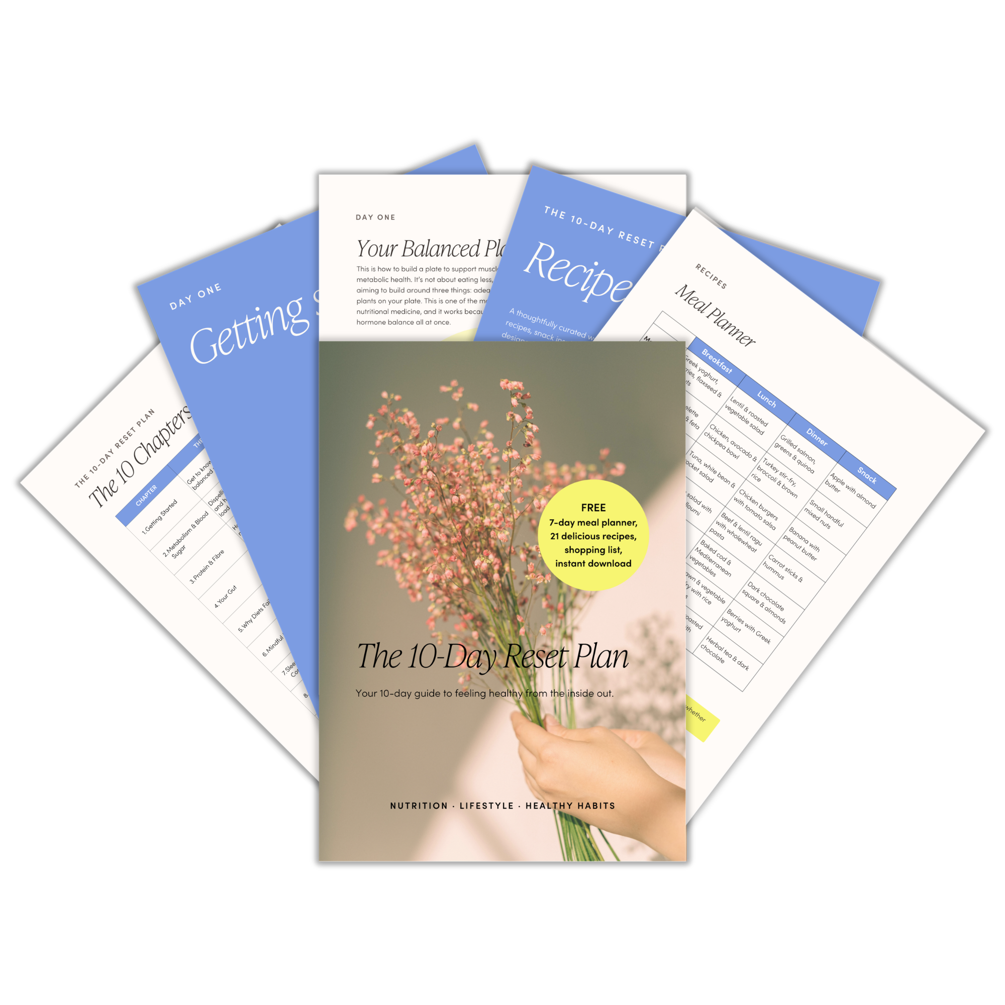 Cover of 'The 10-Day Reset Plan' book featuring a hand holding a bunch of pink flowers. The book focuses on nutrition, lifestyle, and healthy habits, promoting a 7-day meal planner, recipes, shopping list, and instant download.