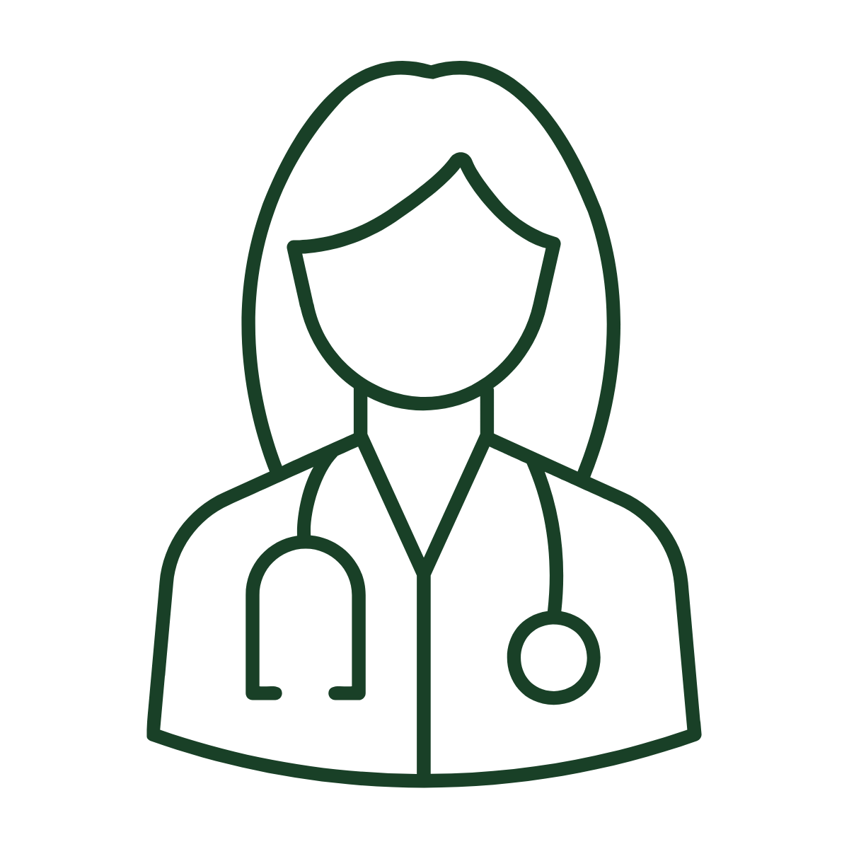 Line drawing of a female doctor or healthcare professional wearing a stethoscope.