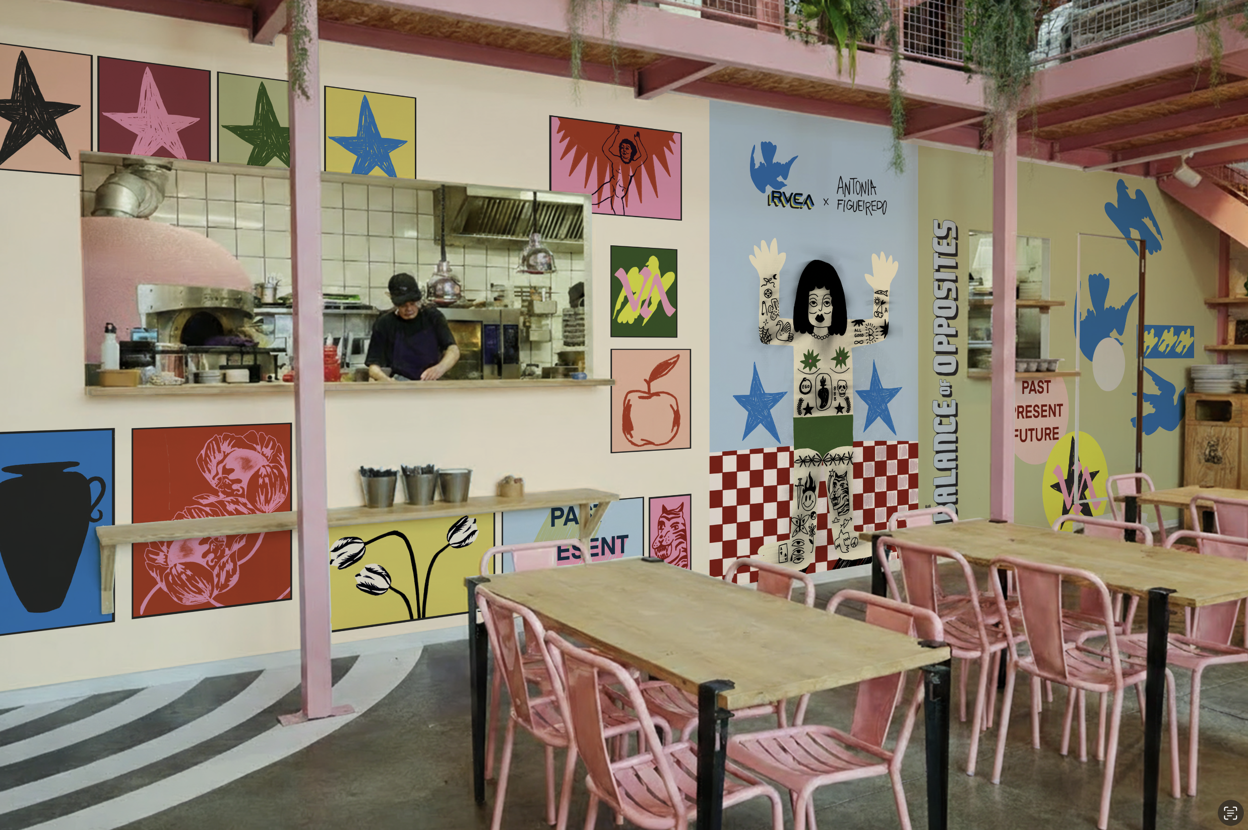 Une salle de restaurant avec des murs colorés décorés de dessins et de textes, chaises roses en métal autour de tables en bois, cuisine en arrière-plan avec un chef en action.