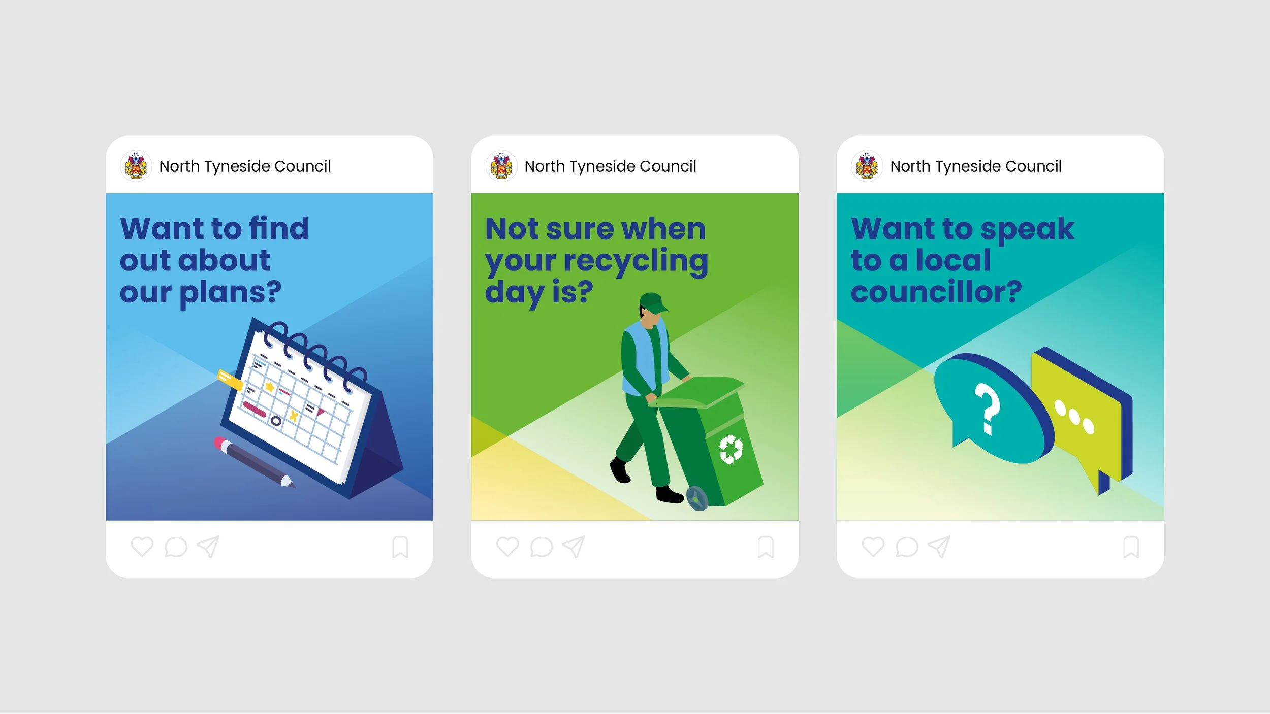 A series of images showing examples of Social Media branding for North Tyneside Council