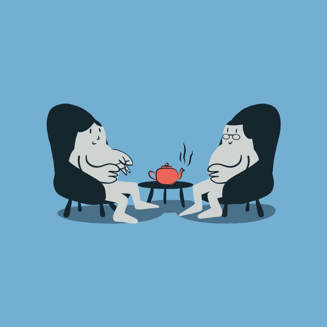 Illustration showing two people having a cup of tea