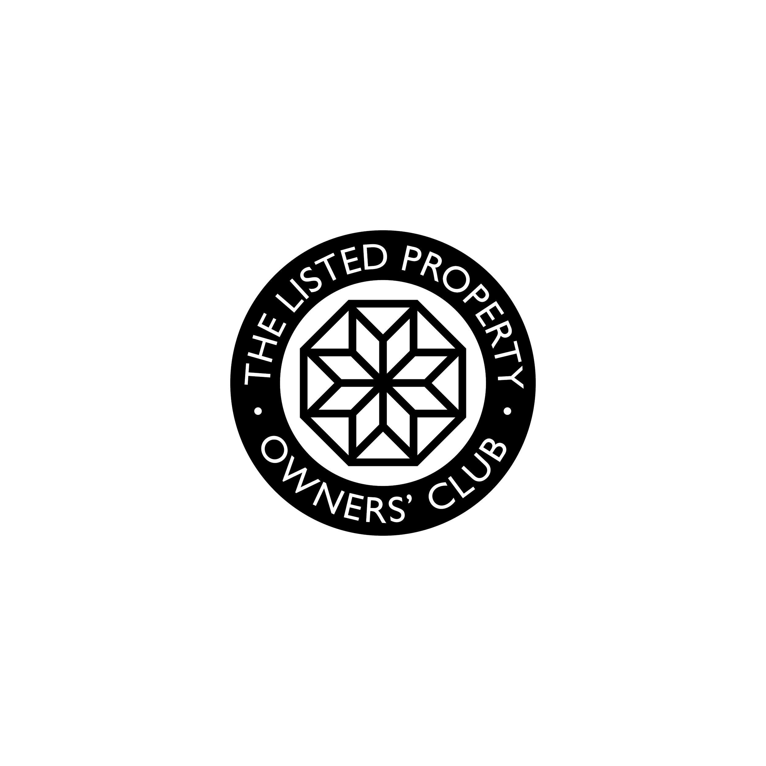 Black background with a circular logo in the center that reads 'The Listed Property Owners' Club' around a geometric snowflake design.