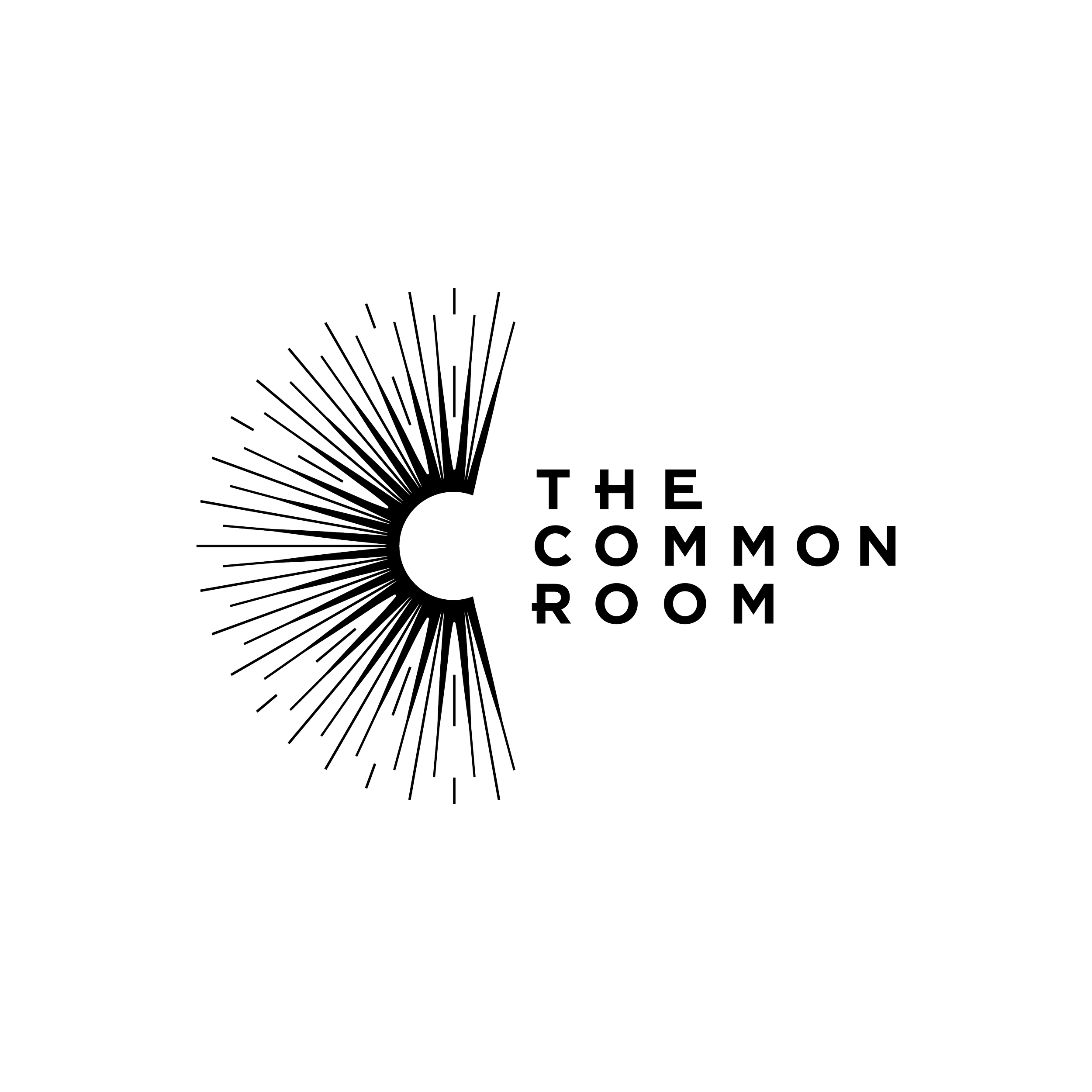 Logo for The Common Room featuring a half moon with radiating lines and the text 'The Common Room' in outlined letters.