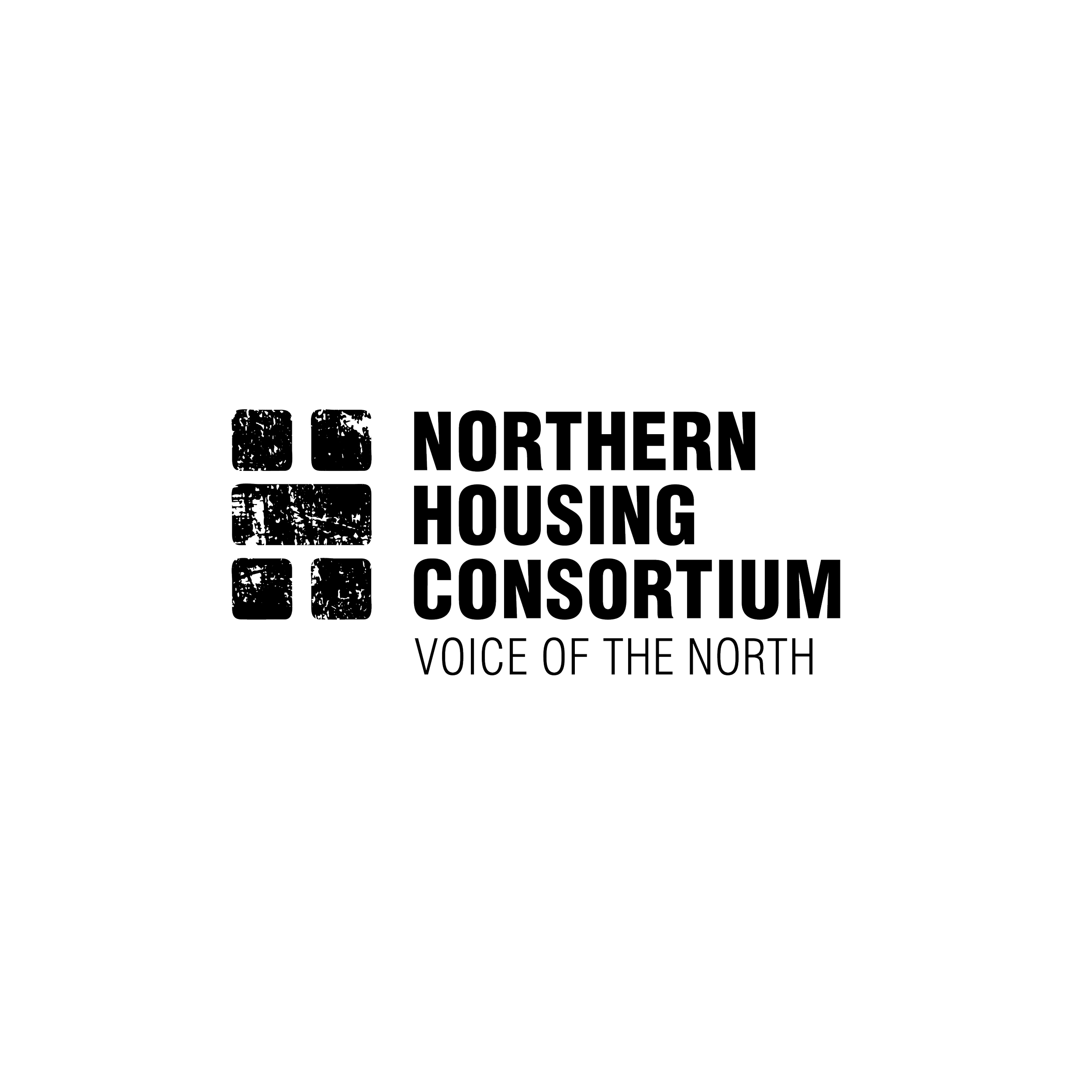 Logo of Northern Housing Consortium, featuring five distressed blocks to the left of the text, and the tagline 'Voice of the North' below.