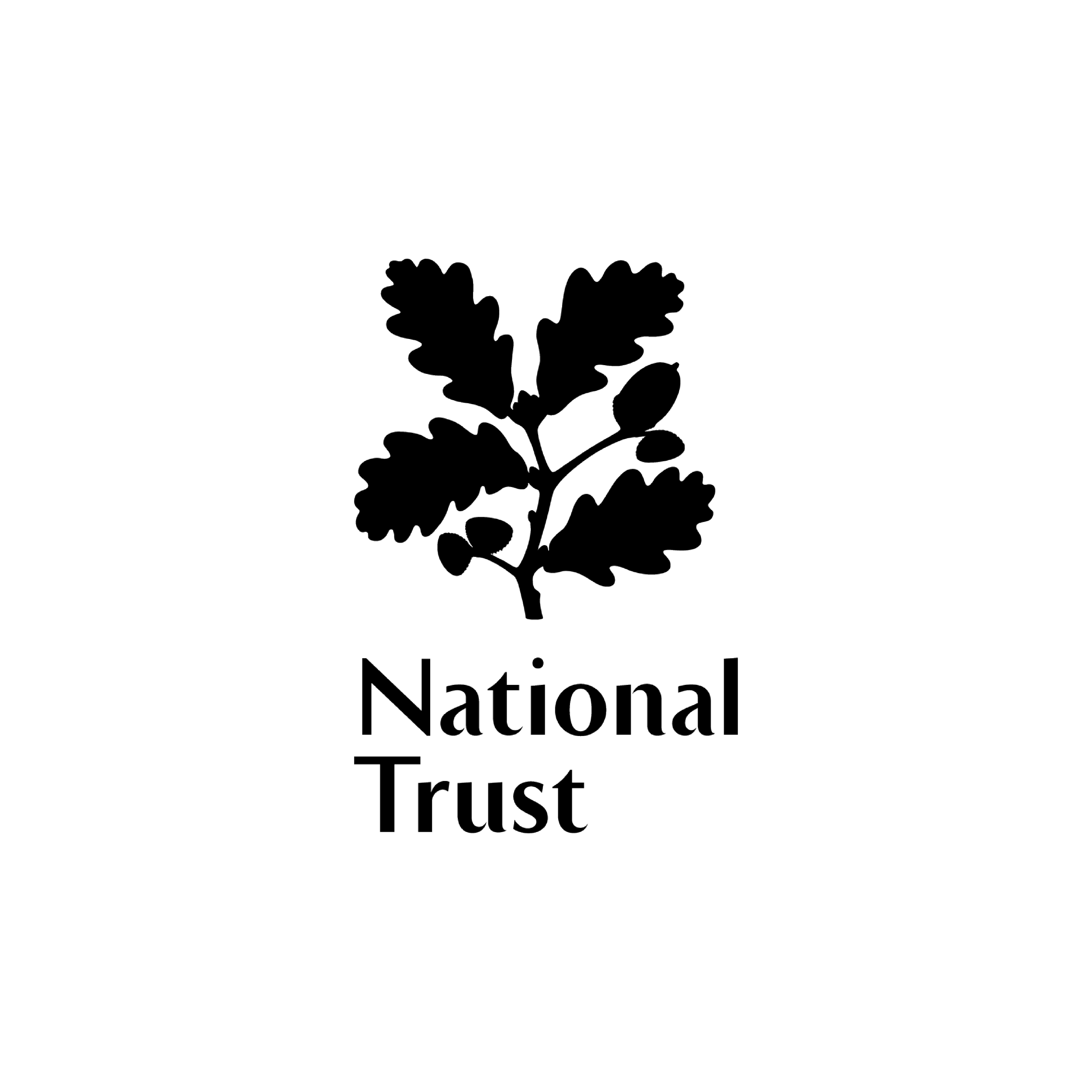 Black logo of the National Trust featuring a line drawing of an oak branch with leaves and acorns, and the words 'National Trust' beneath it.