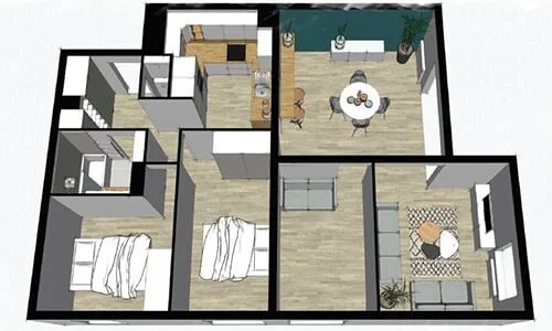 Plan d'un appartement avec deux chambres, un salon, une salle à manger, une cuisine et une salle de bain.