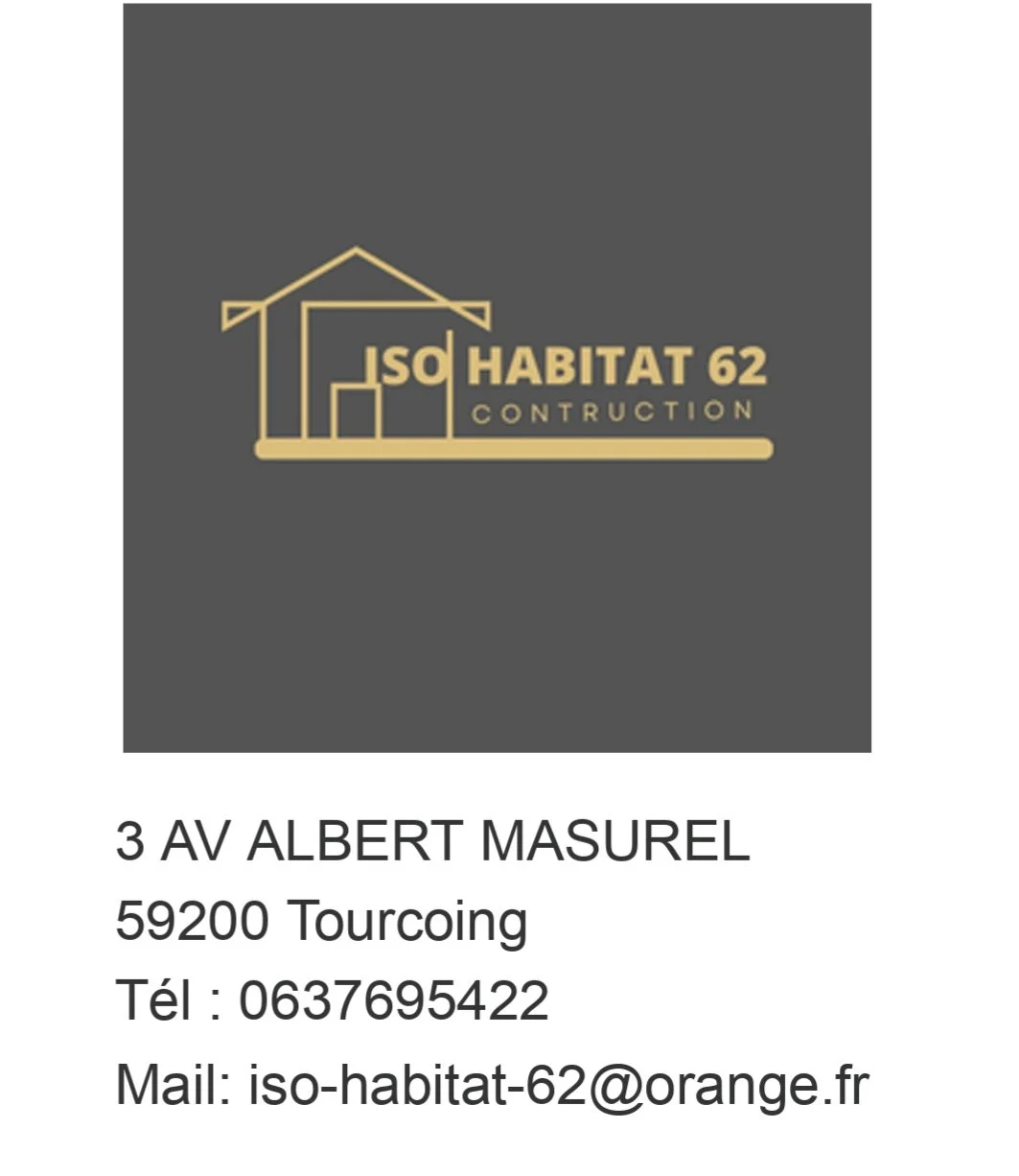 Carte de visite pour ISO Habitat 62 Construction, comprenant une logo stylisée de maison en lignes dorées sur fond gris, avec les coordonnées et contact en dessous : adresse, téléphone et email.