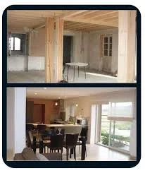 Deux images montrant l'intérieur d'une maison, une en cours de construction avec des murs en bois et une finie avec une salle à manger.