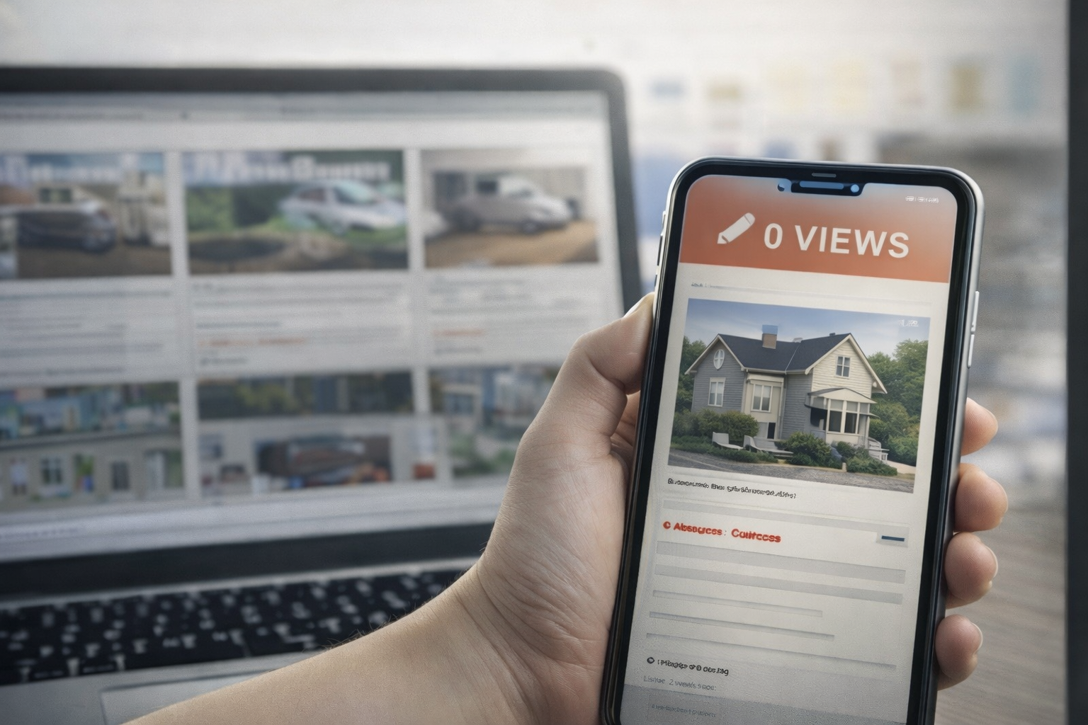 Real estate listing shown on a smartphone with zero views