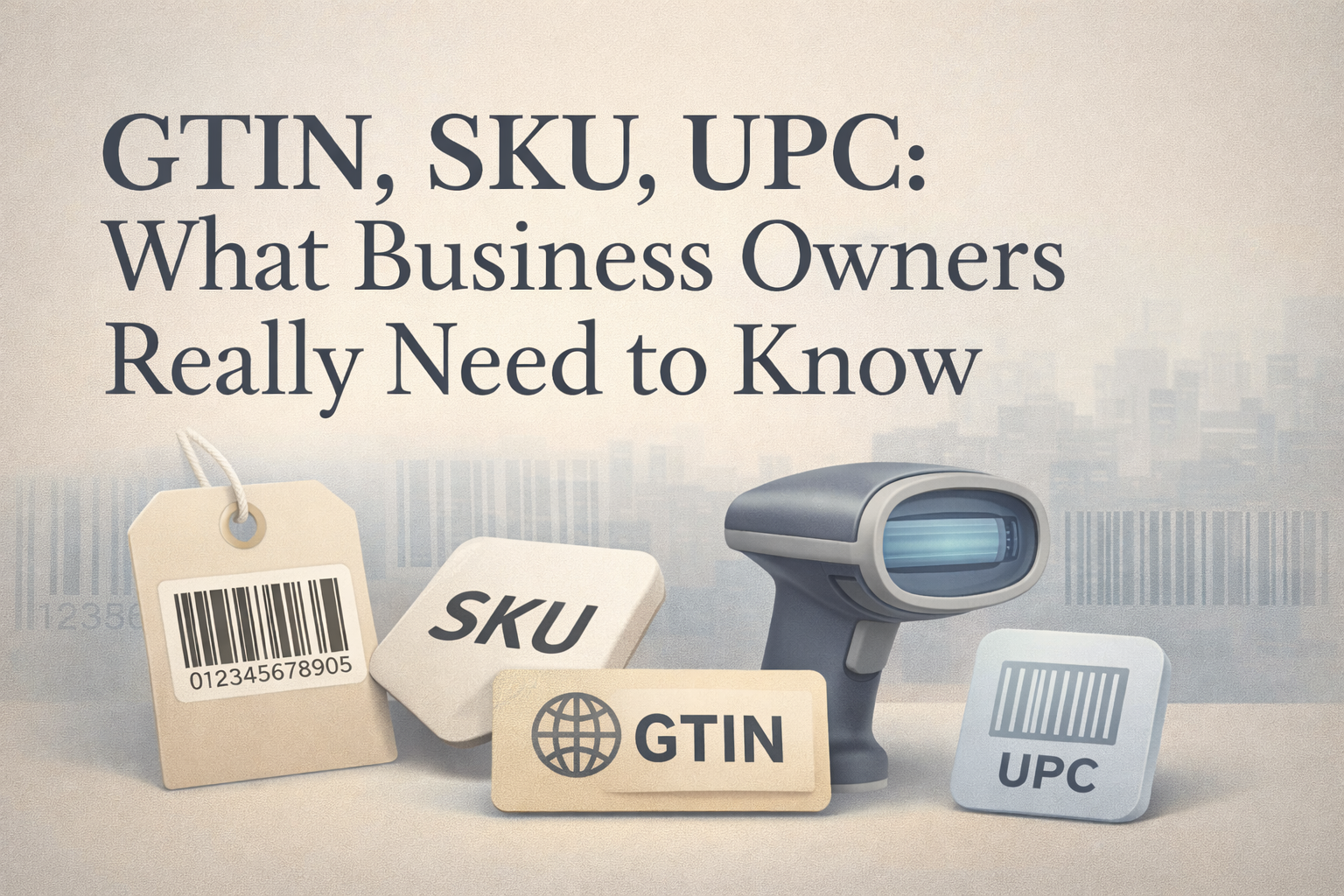 GTIN SKU UPC with barcode labels and scanner explaining product identification codes for business owners Amazon sellers and e commerce stores