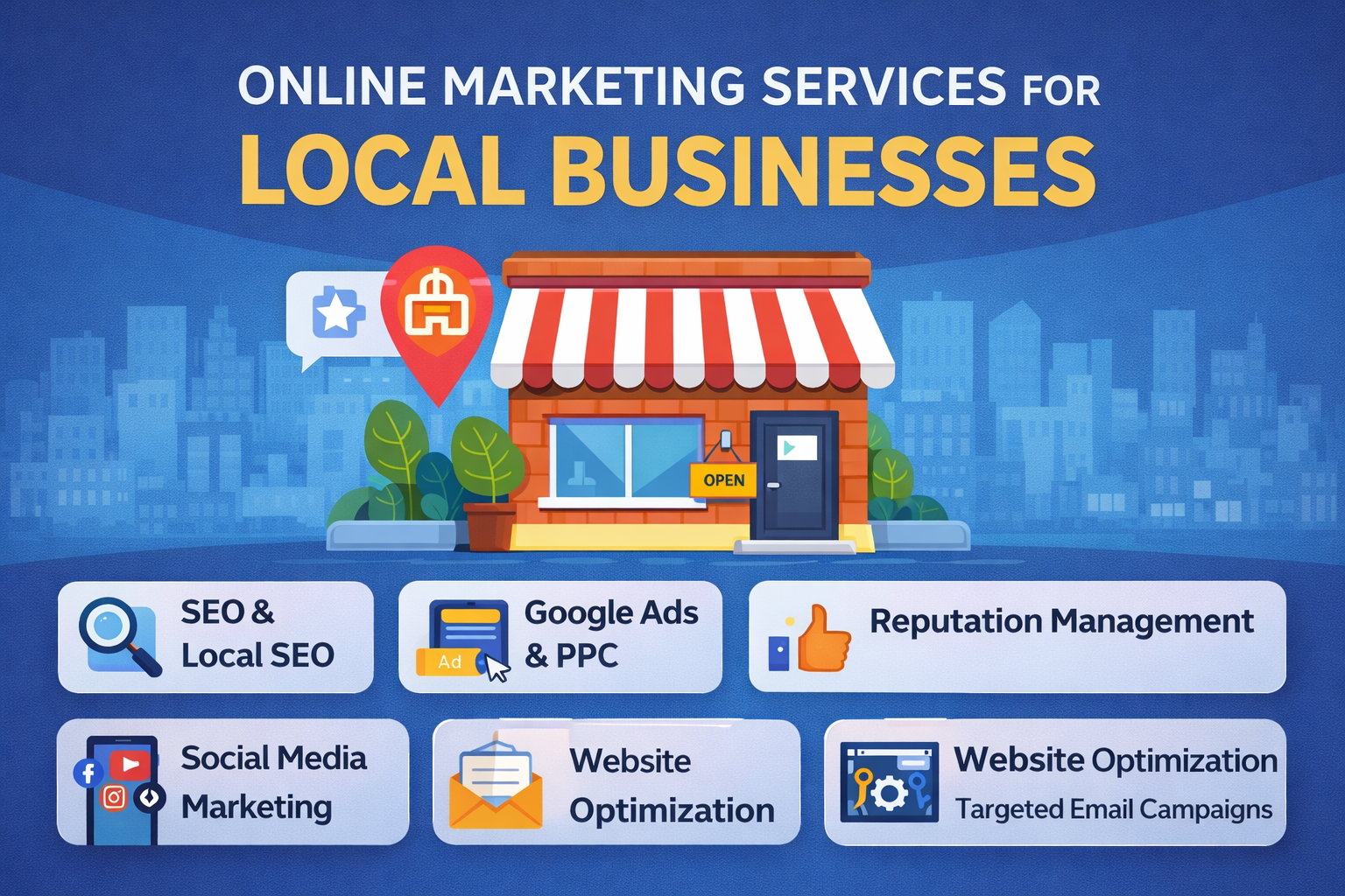 Online marketing services for local businesses illustration showing SEO Google ads PPC social media marketing reputation management website optimization and email marketing