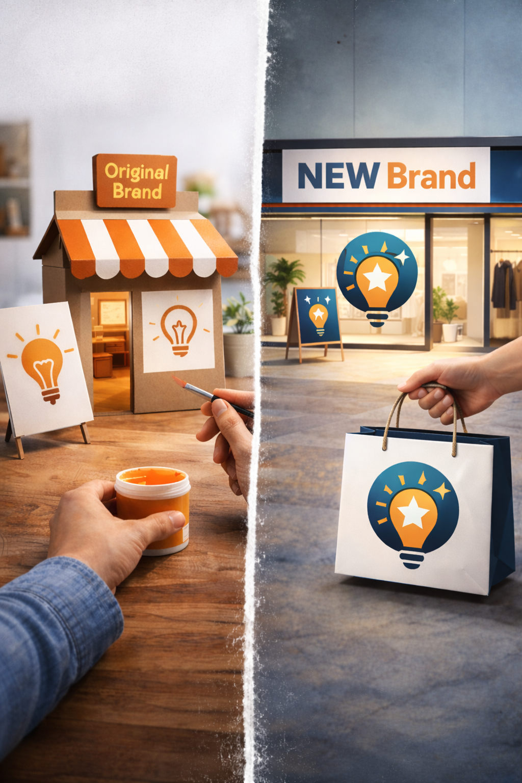 Brand evolution concept showing a small handmade storefront transforming into a modern professional retail brand