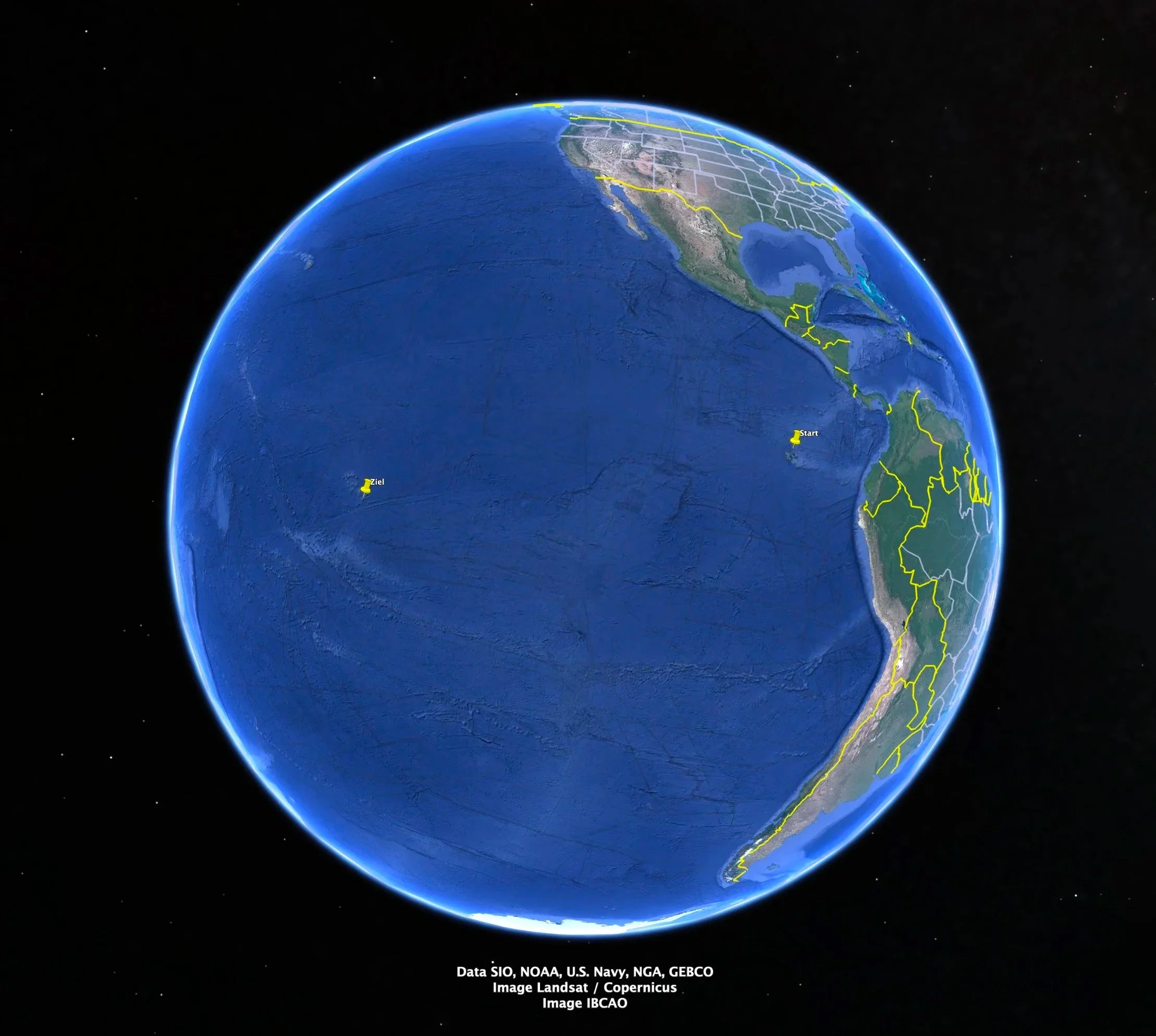 Satellitenbild der Erde mit einer Route, Startpunkt in Mittelamerika, Zielpunkt im Atlantik, gelbe Markierungen, Datenquellen unten.