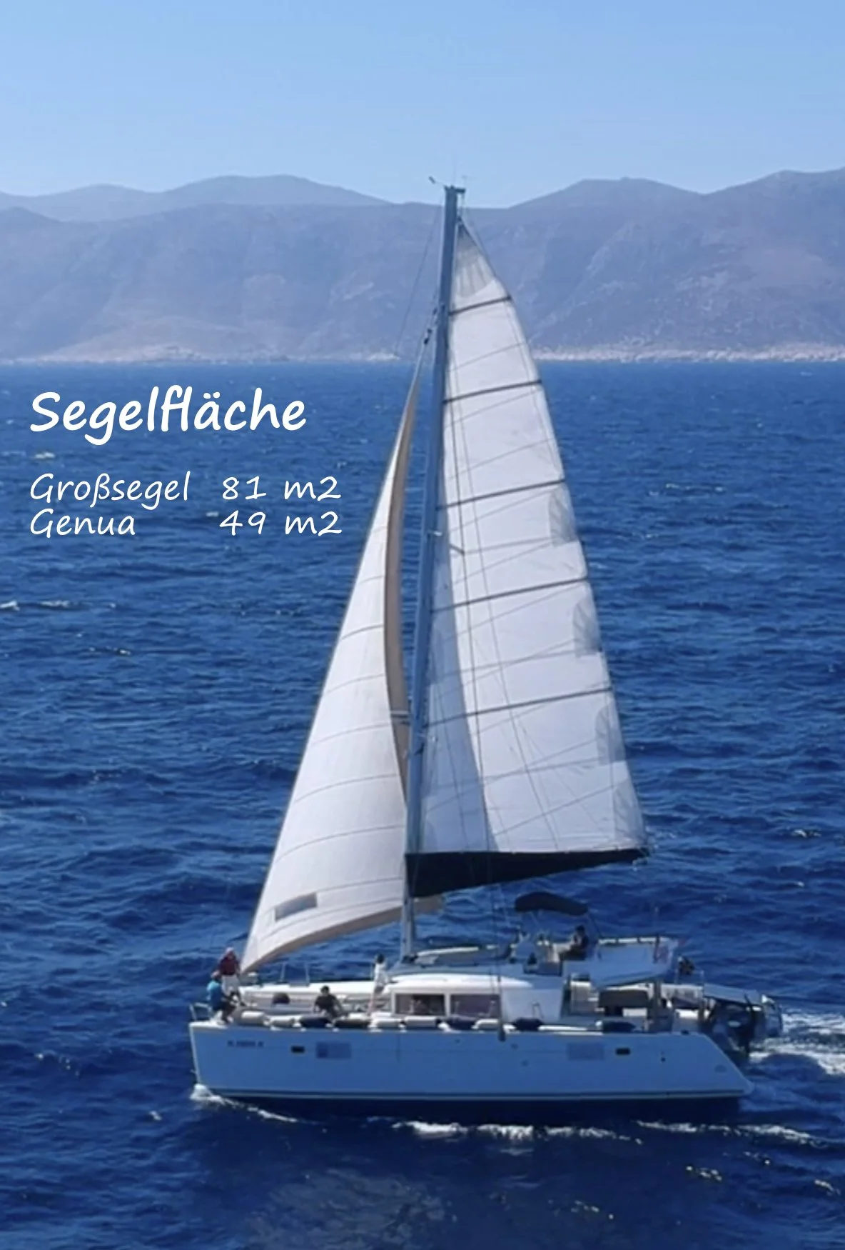 Ein Segelboot auf dem Meer mit Bergen im Hintergrund, Text über das Bild zeigt Informationen zu Segelflächen, Großsegel 81 m² und Genua 49 m².