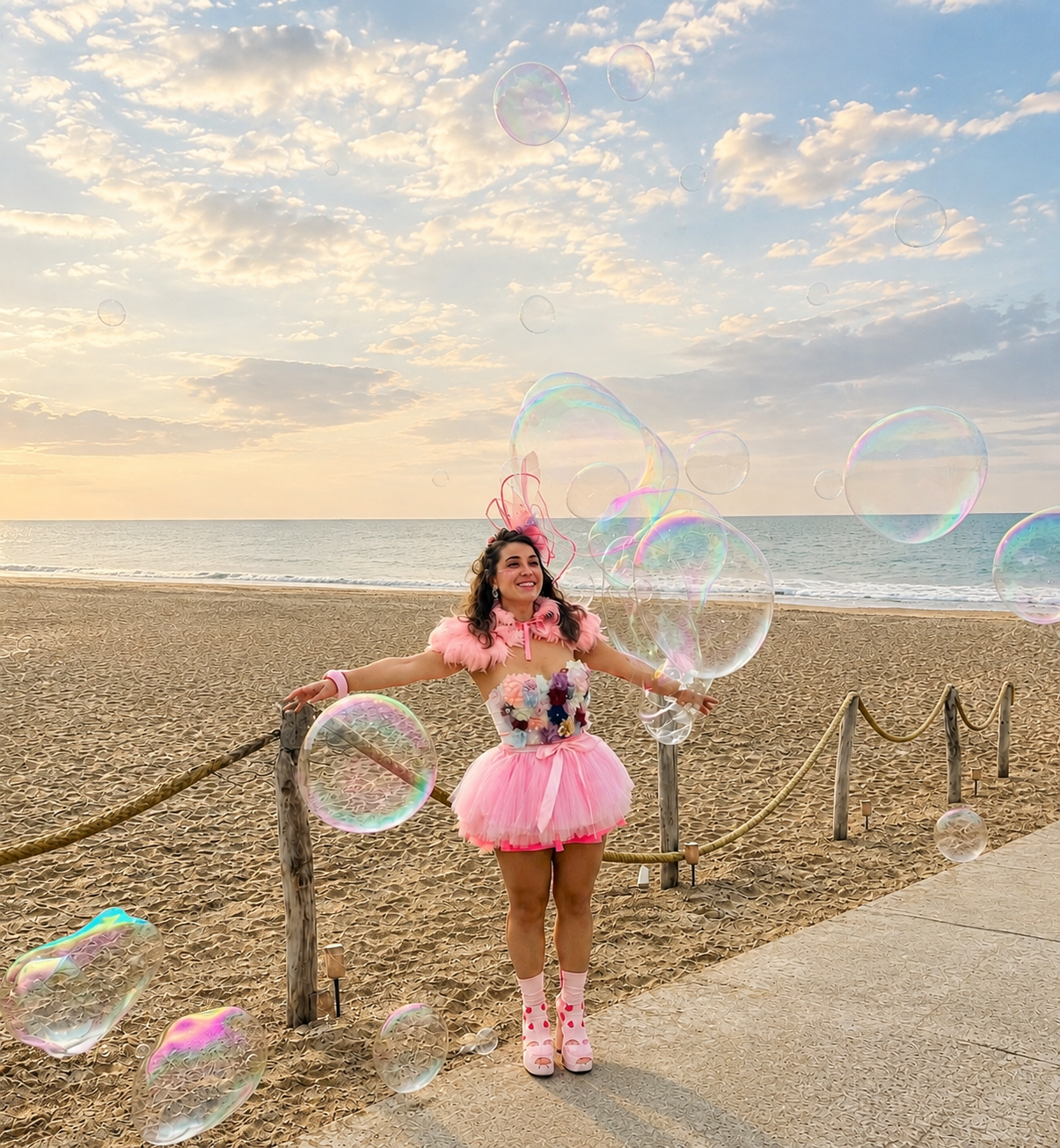 Woman in a pink, fluffy costume with a tutu skirt, standing on a beach with arms outstretched, surrounded by floating soap bubbles, near a sandy railing at sunset.
