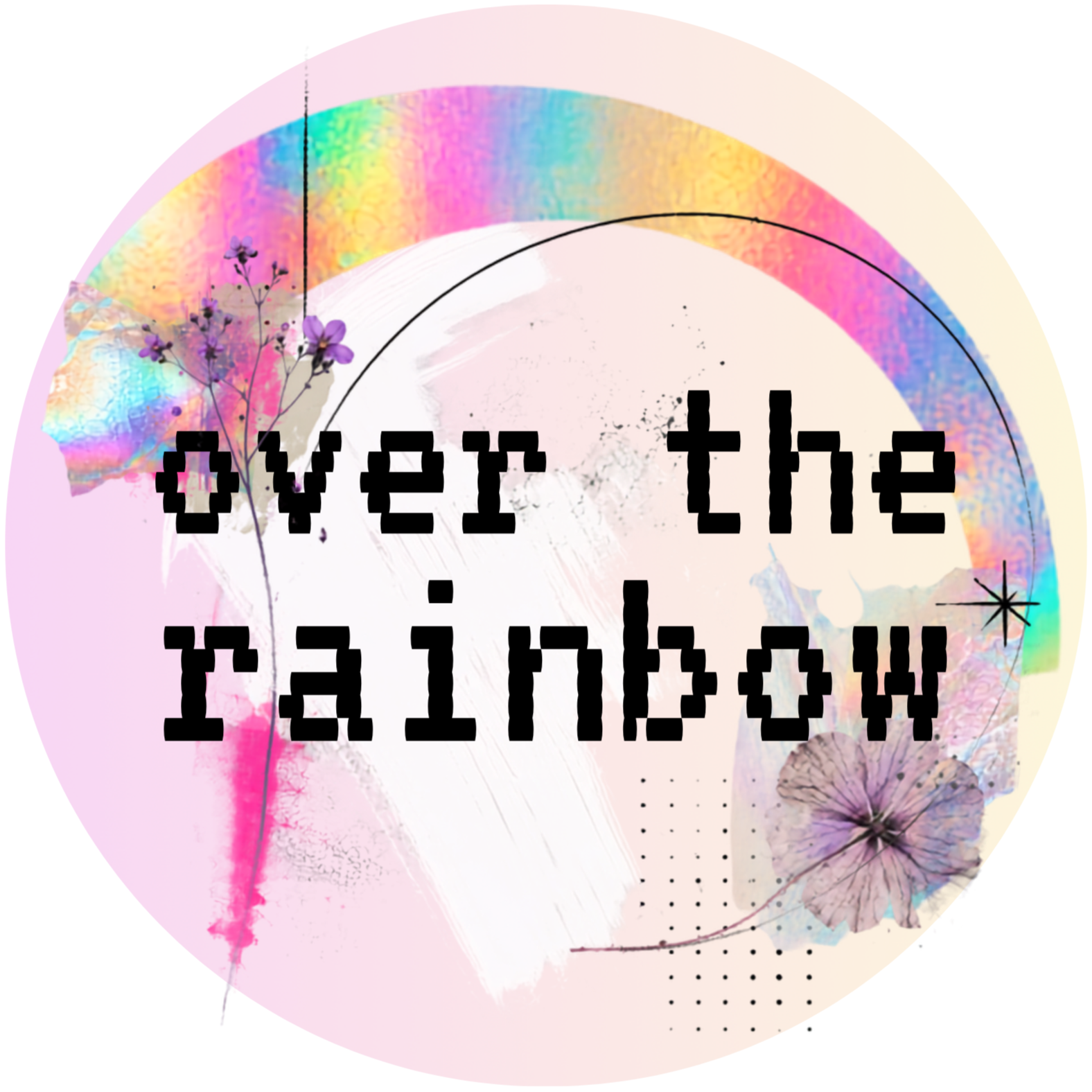 Colorful abstract background with flowers and the overlaying pixelated text 'over the fairytale'