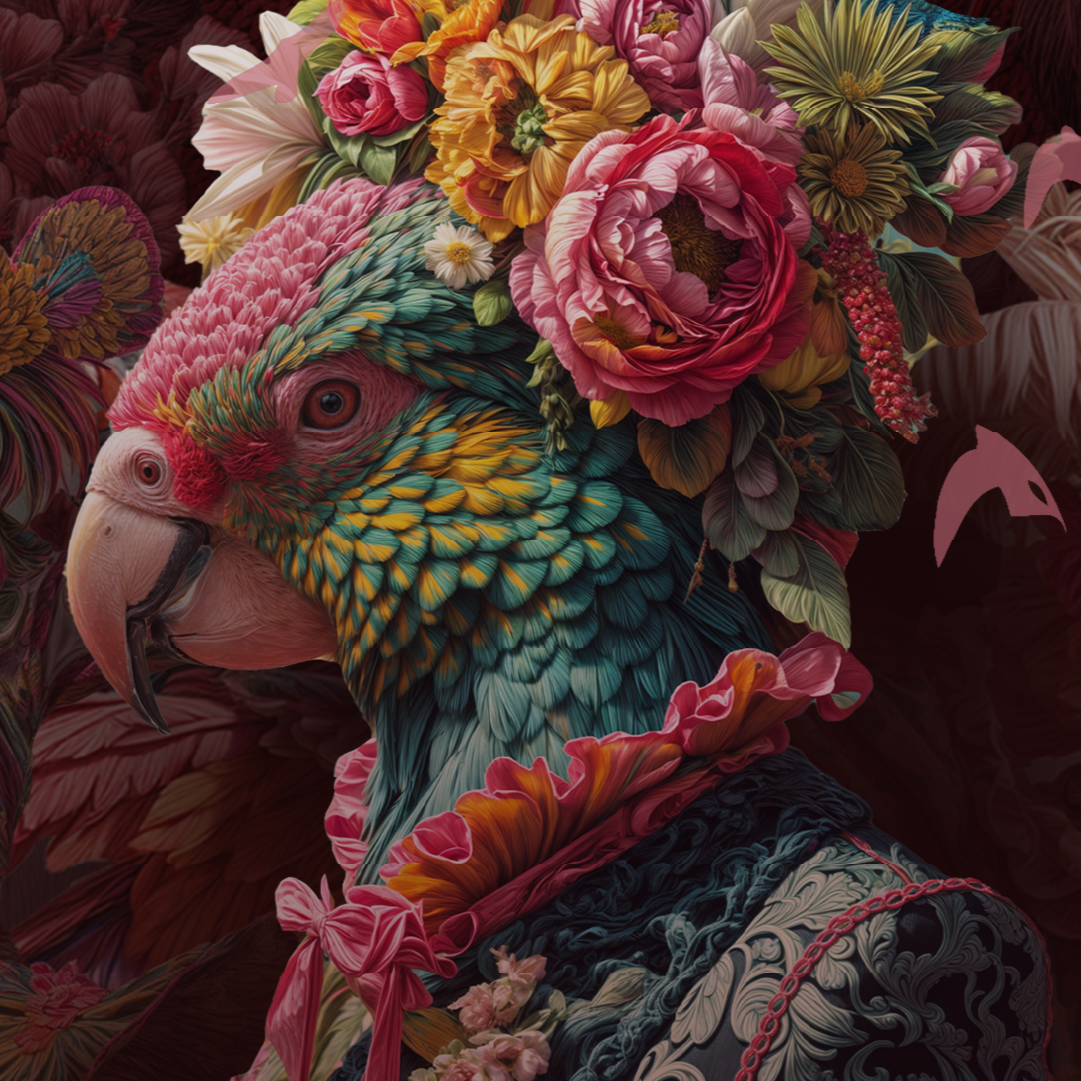 A colorful parrot with vibrant feathers surrounded by an array of flowers, wearing a patterned outfit and a pink ribbon.
