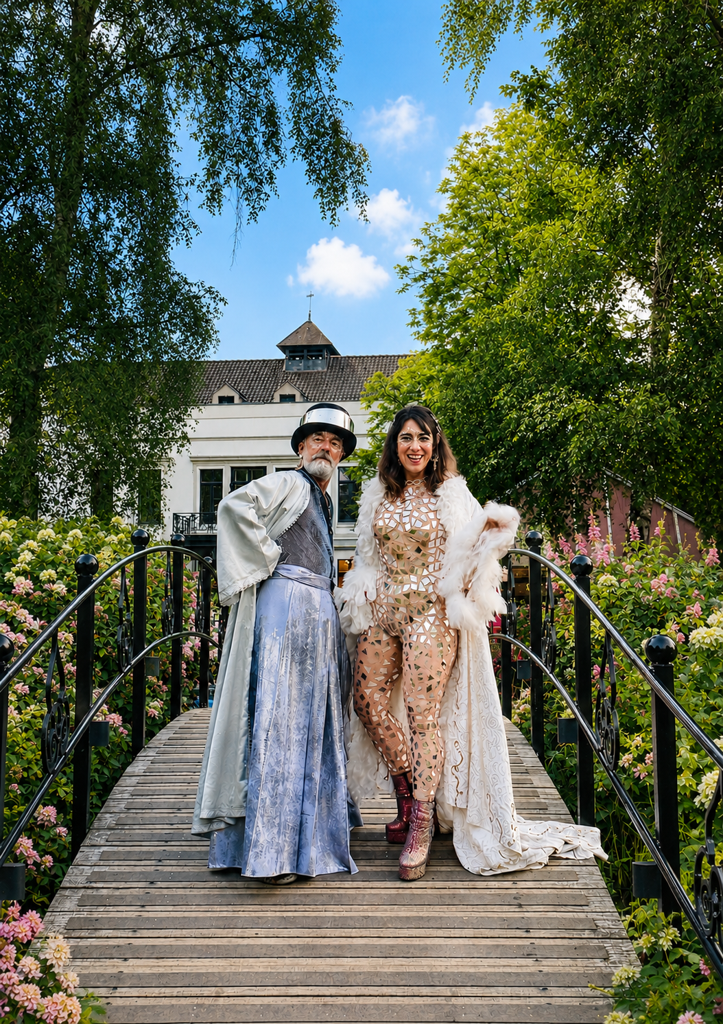 Two people standing on a small arched wooden bridge surrounded by pink and white flowering bushes and green trees, with a white house and blue sky in the background. The person on the left is an older man with a beard, wearing vintage style clothing and a helmet. The person on the right is a smiling woman with dark hair, wearing a nude-colored, geometric cutout outfit with a white furry coat and high-heeled boots.