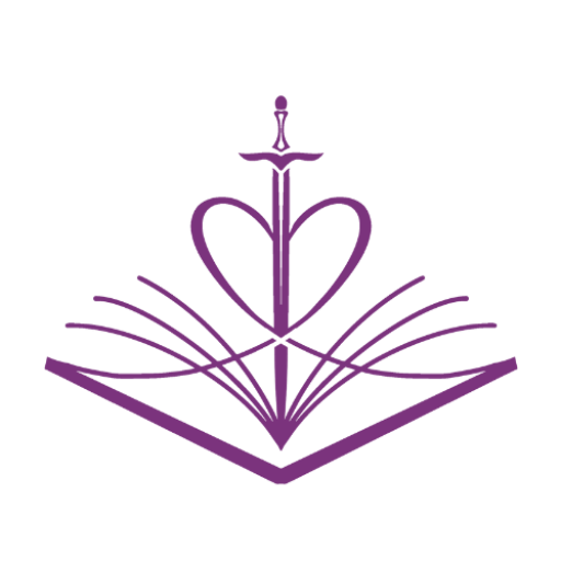 A purple emblem featuring a heart with a sword through it and an open book at the bottom.