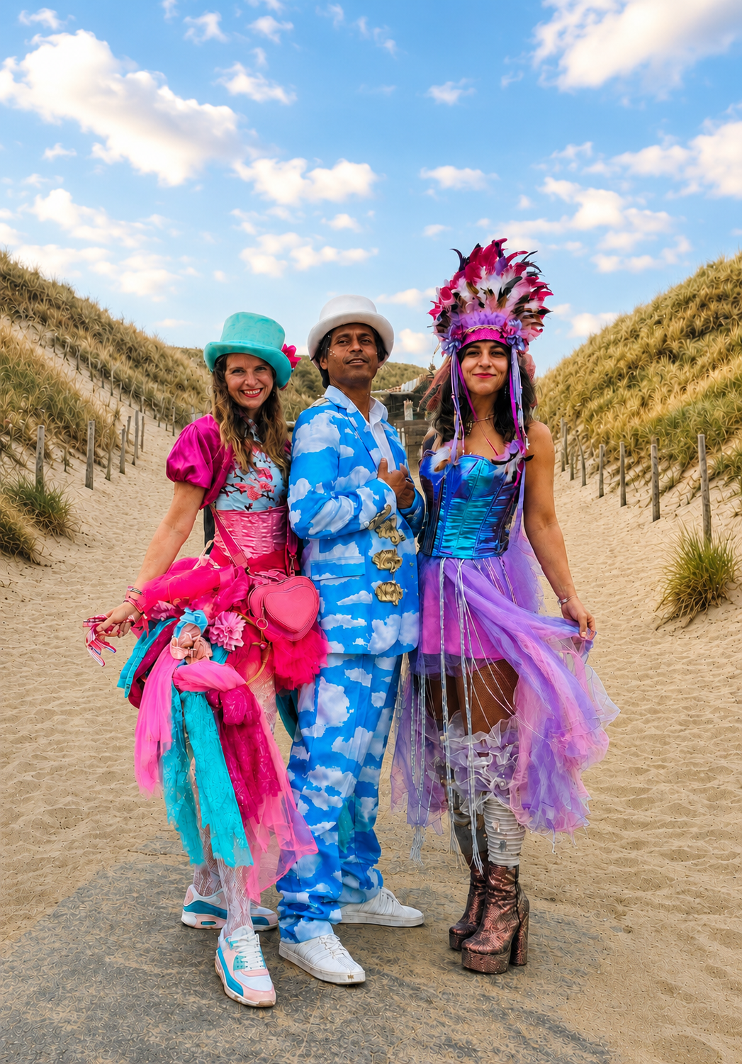 Three people in colorful, whimsical costumes standing outdoors on a sandy path with dunes and blue sky in the background.