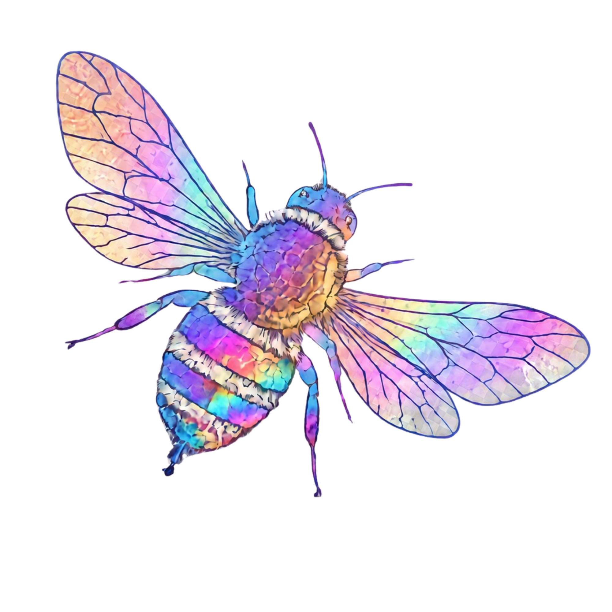 Colorful, digitally illustrated dragonfly with shimmering wings and a vibrant body.