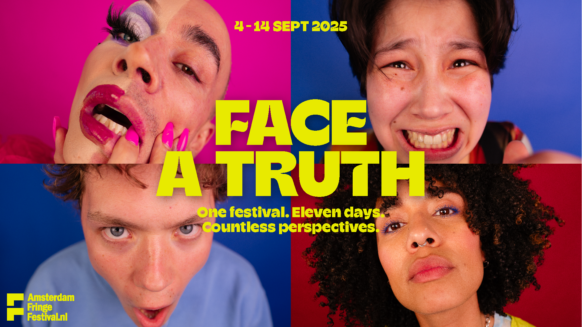 Four diverse individuals with expressive faces and colorful backgrounds promoting the Face A Truth festival from September 4-14, 2025, in Amsterdam.