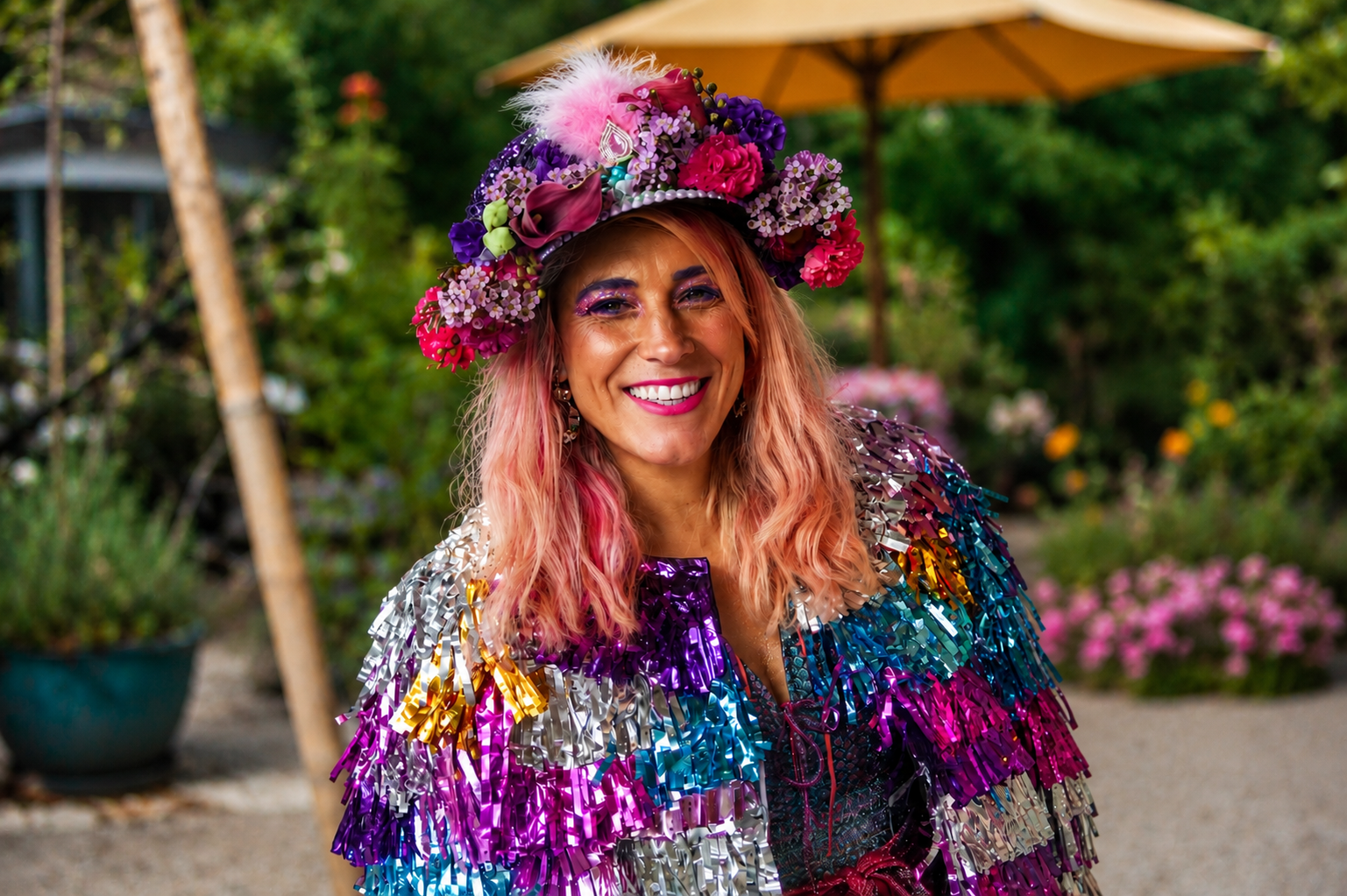Woman in a colorful, shiny, tinsel-covered outfit with a floral hat, smiling outdoors with greenery and flowers in the background.